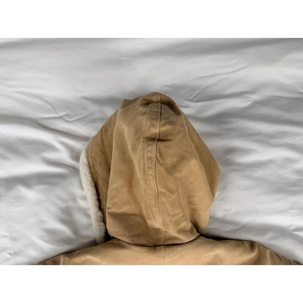 Vintage Marvin Richards Shearling Suede Leather Hooded Coat Womens L Tan